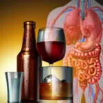 Drinking Health Danger concept as beer wine and spirits alcoholic glasses and bottle as a medical riskon the human body as cancer or dangerous health care risk of alcohol drinks with 3D illustration elements.