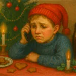 Ledset barn i tomteluva som talar i telefon