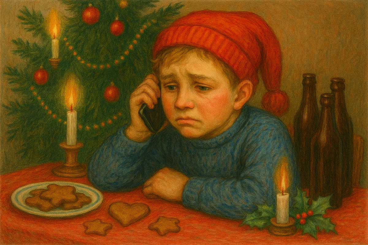 Ledset barn i tomteluva som talar i telefon